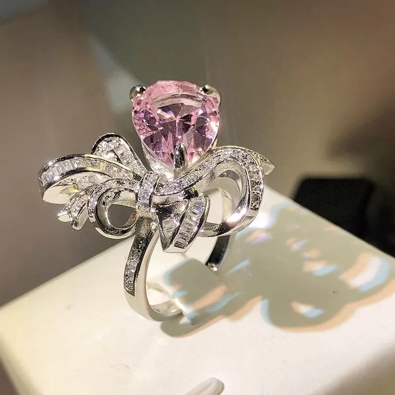 New Fashion Pink Sapphire Bow Adjustable Ring