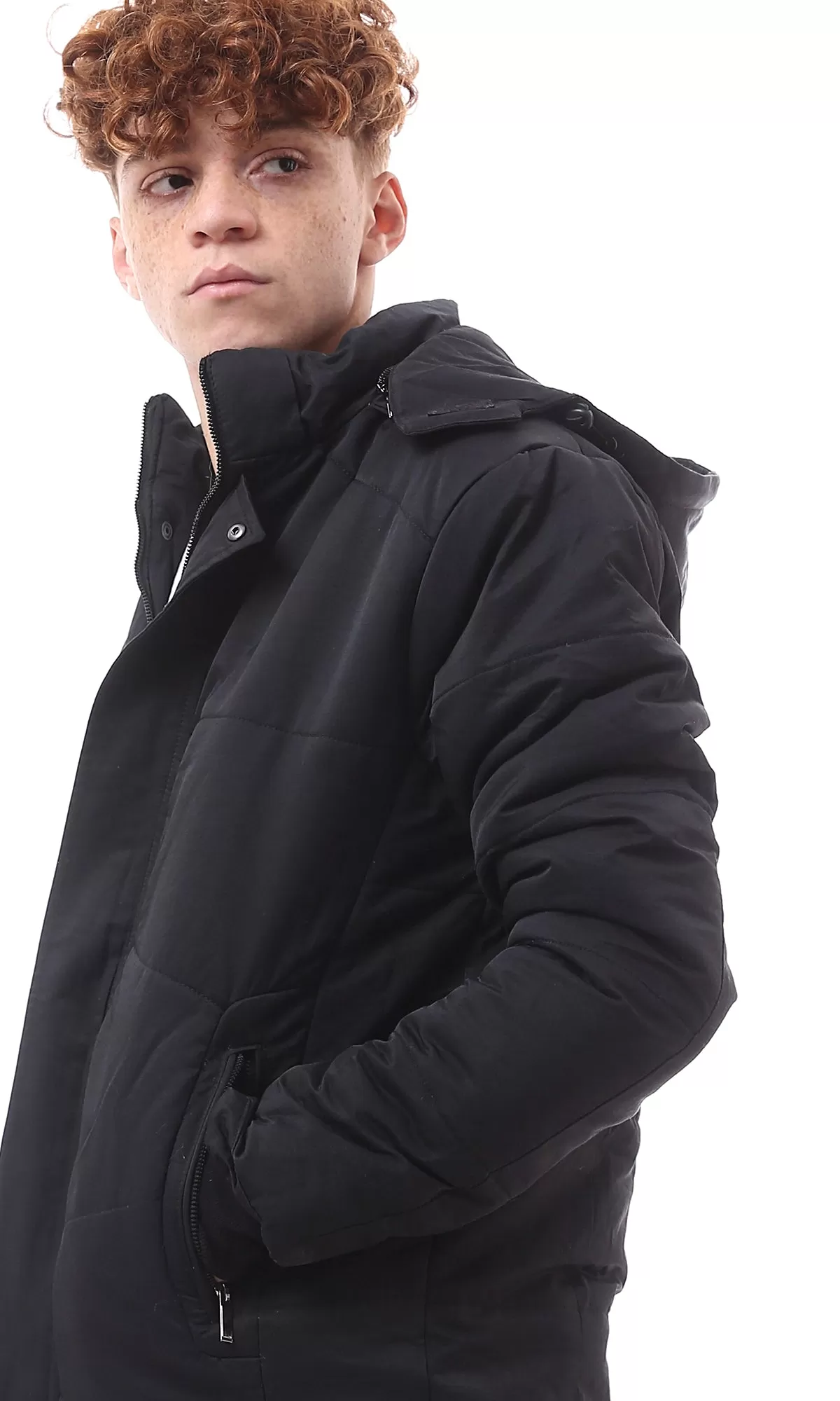 O156160 Adjustable Hooded Neck Black Solid Jacket