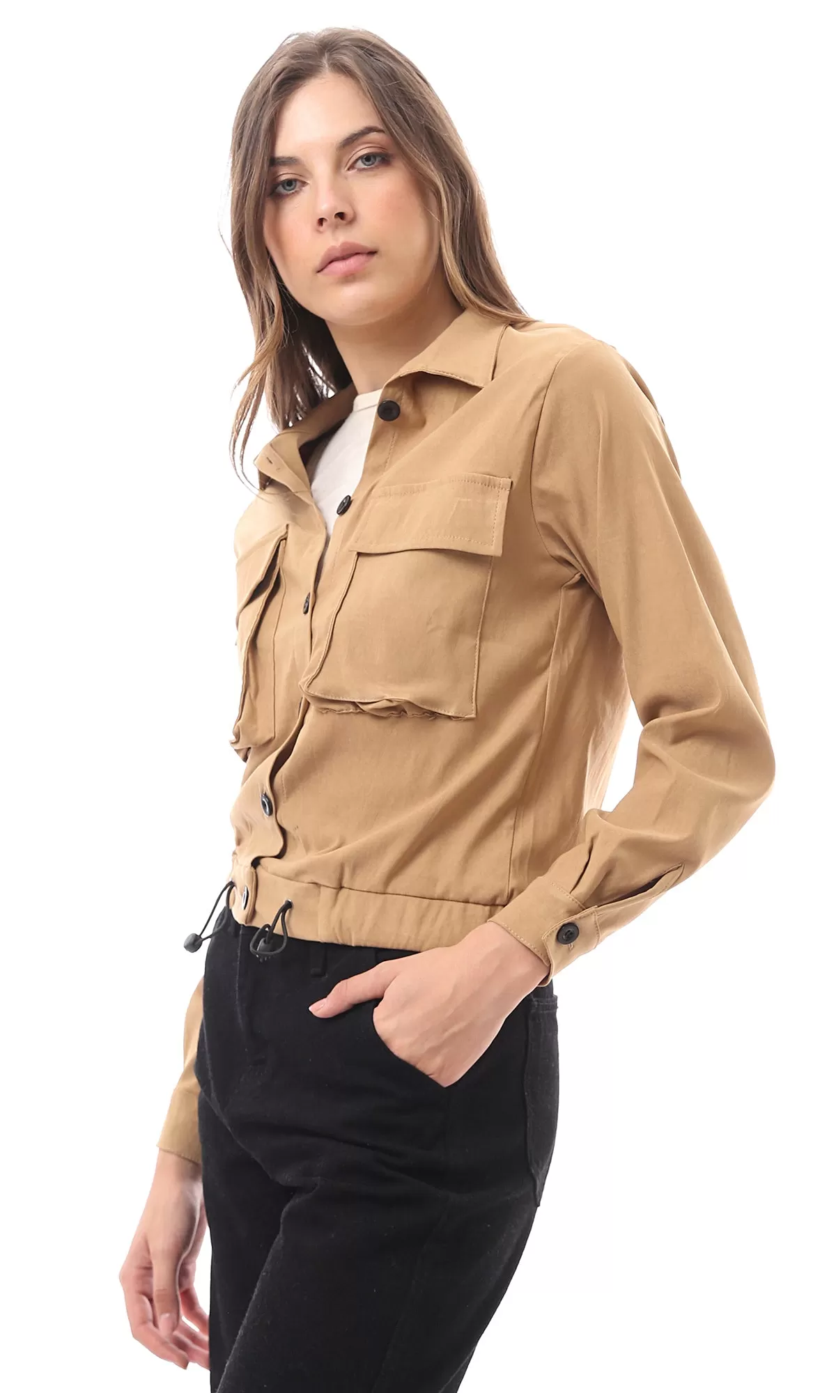 O170009 Camel Soft Cotton Jacket With Patched Pockets