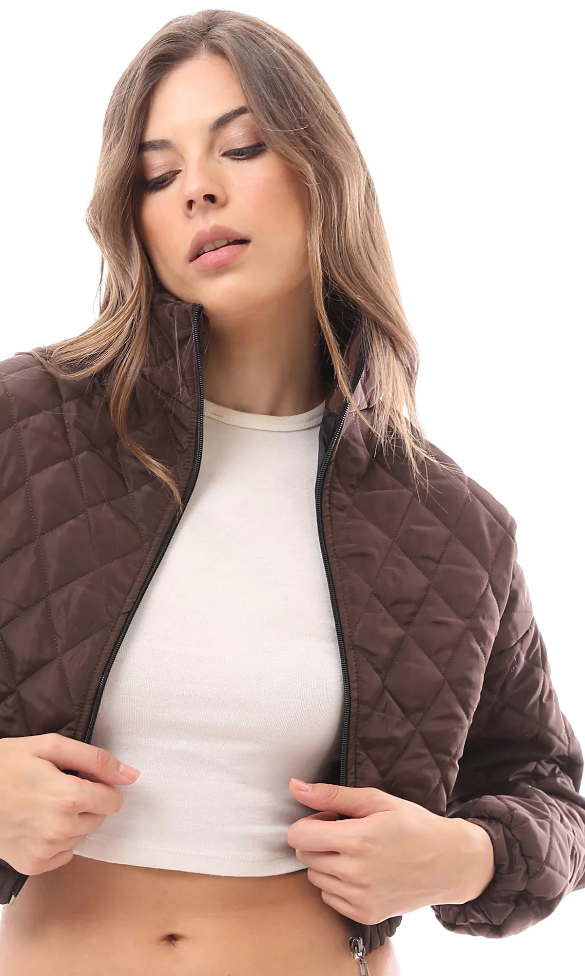 O170756 Dark Brown Long Sleeves Zipped Quilted Jacket