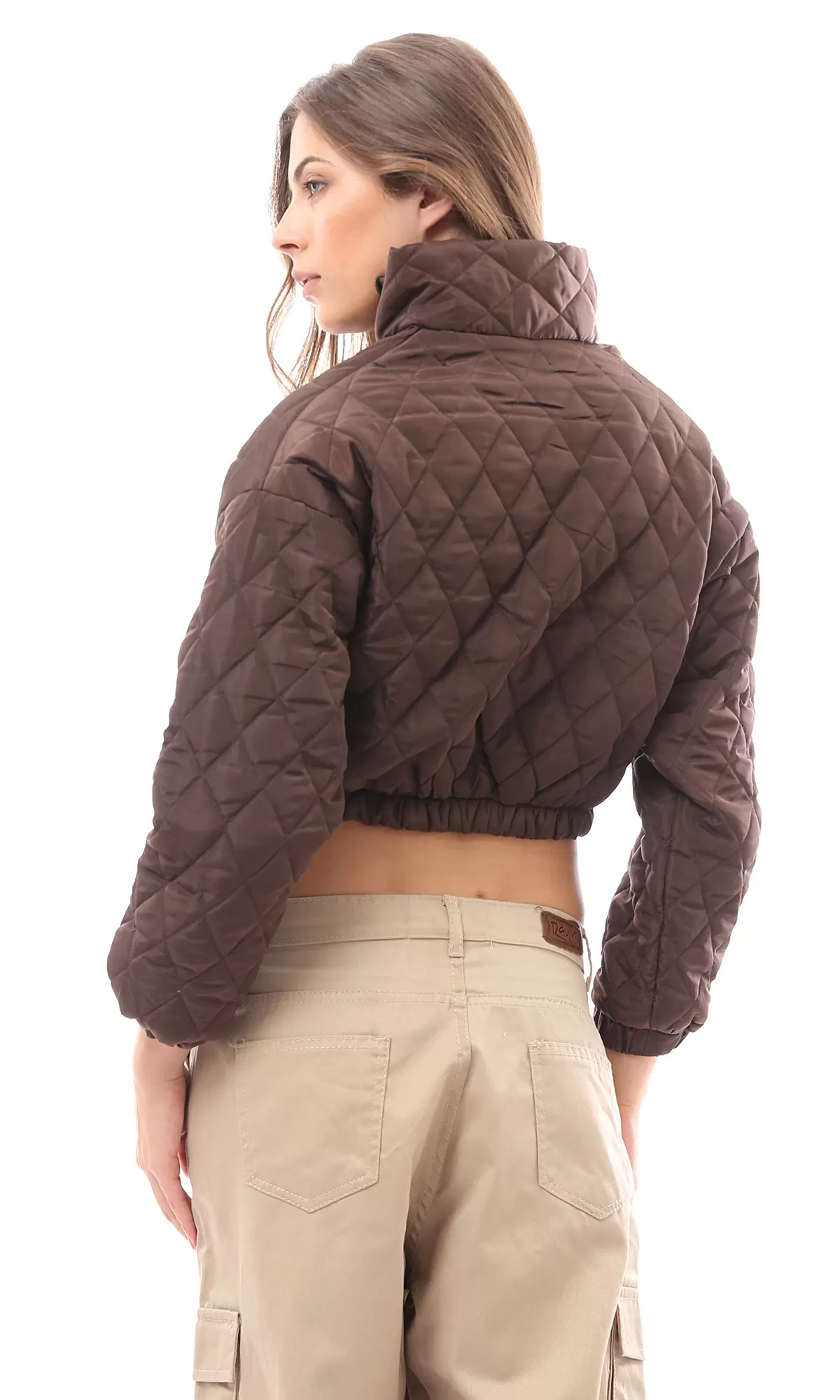 O170756 Dark Brown Long Sleeves Zipped Quilted Jacket