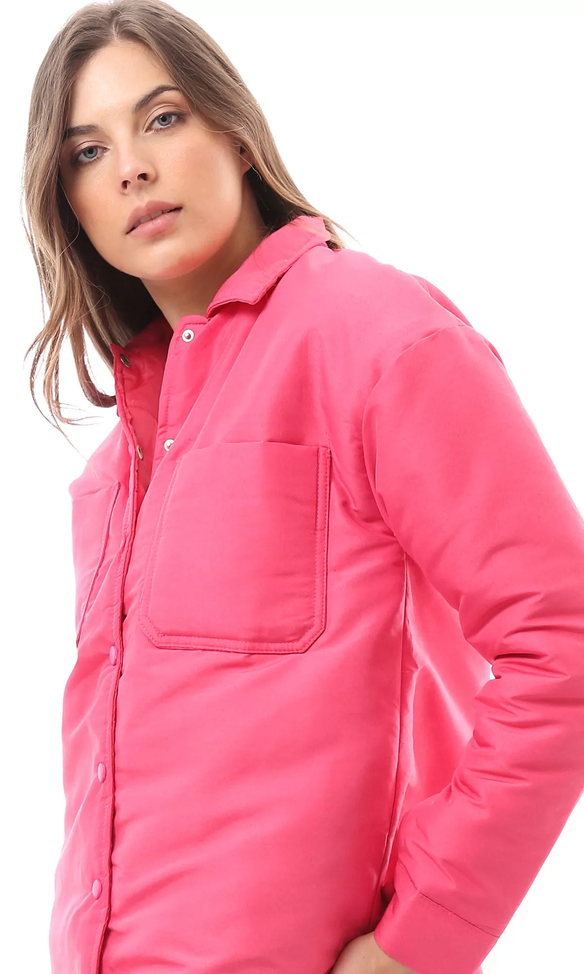 O170784 Fuchsia Puffer Jacket With Front Patched Pockets