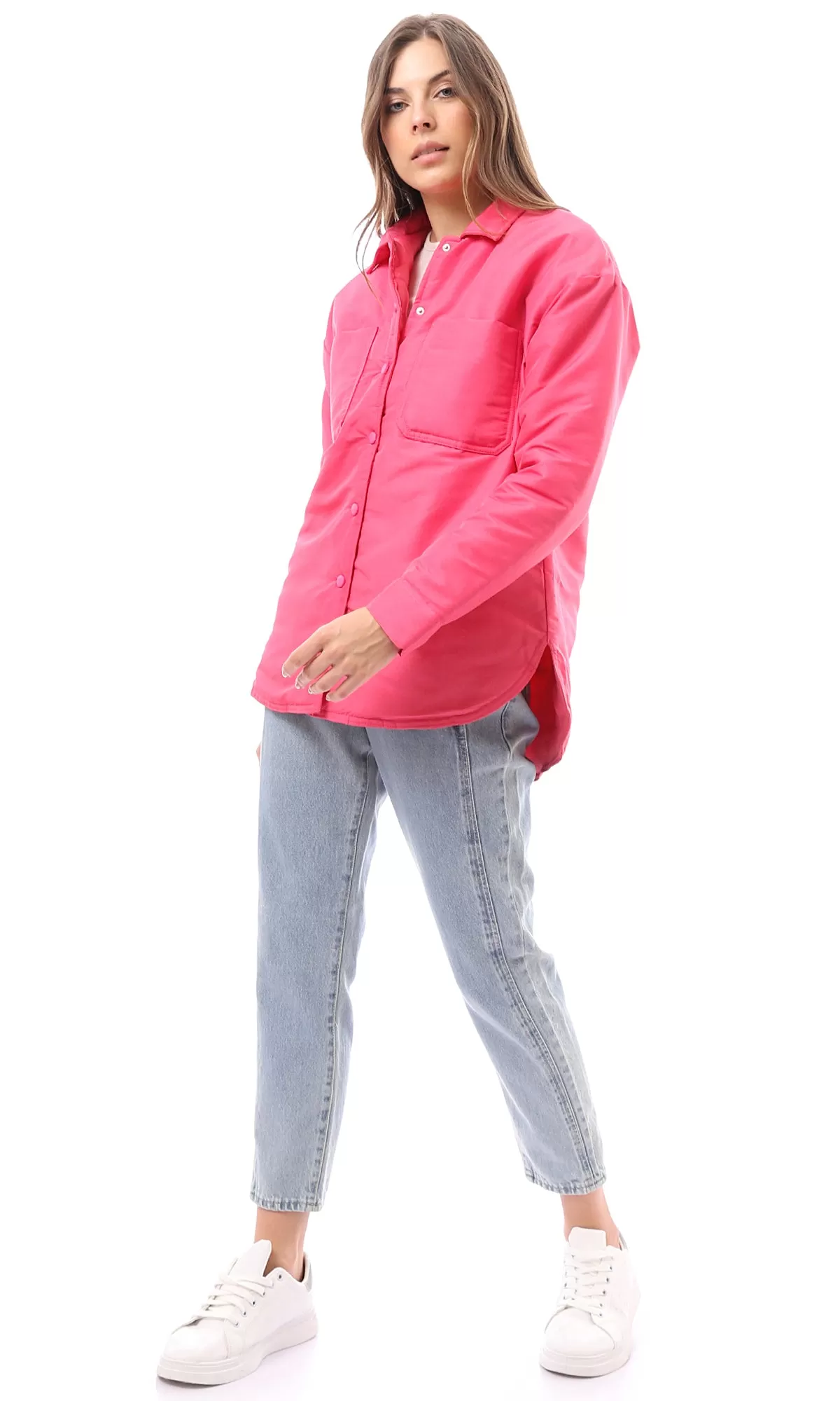 O170784 Fuchsia Puffer Jacket With Front Patched Pockets