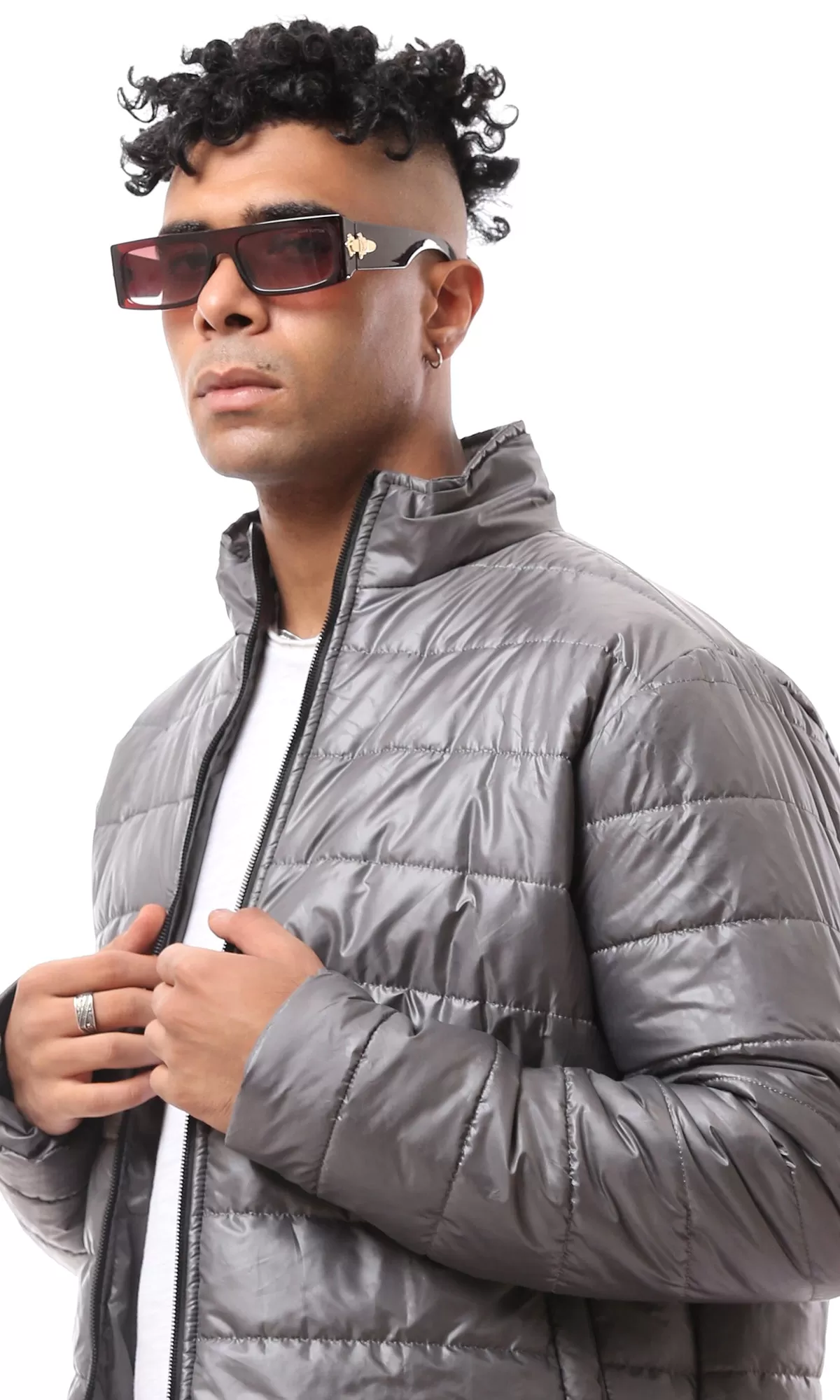 O171092 Dark Grey Polyester Fly Zipper Puffer Jacket