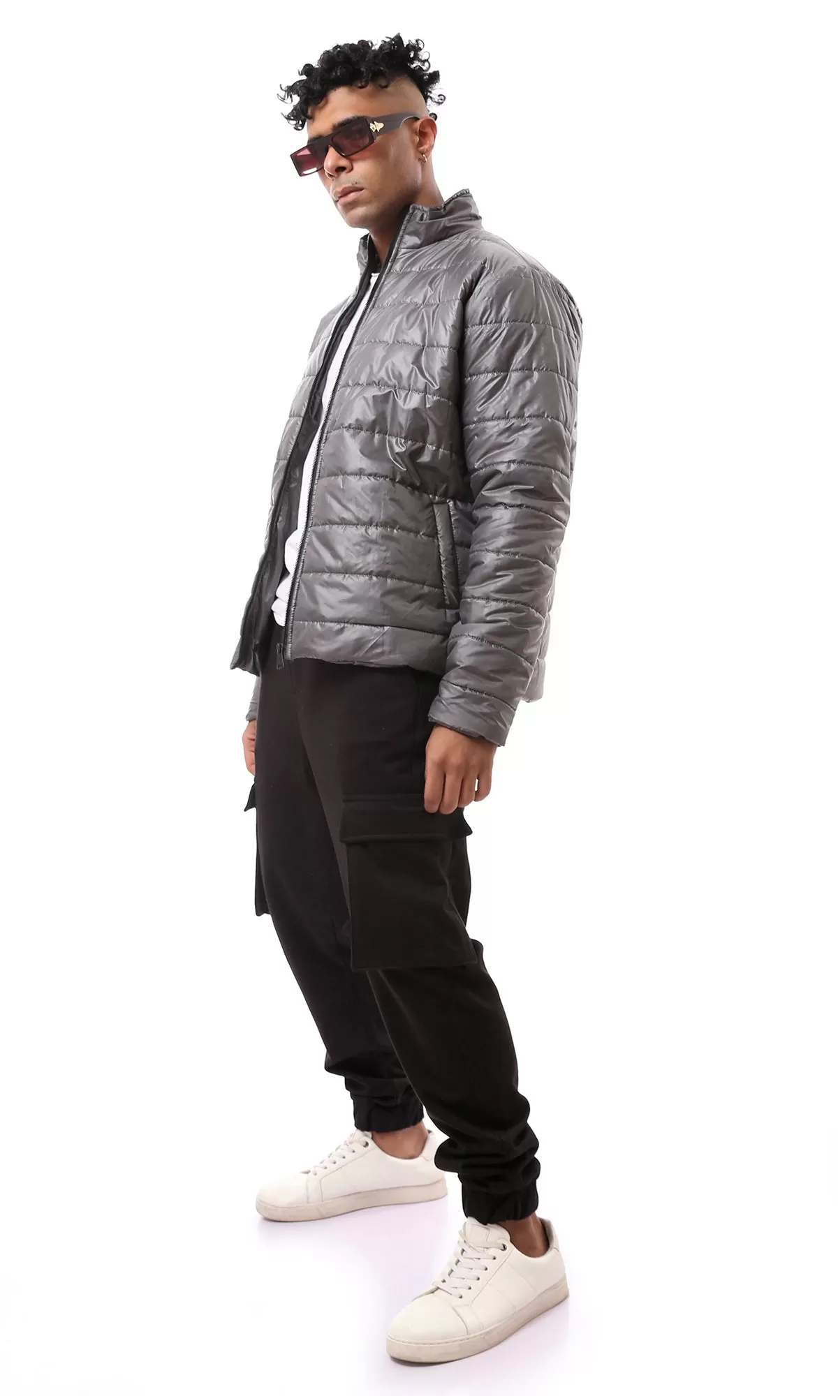 O171092 Dark Grey Polyester Fly Zipper Puffer Jacket