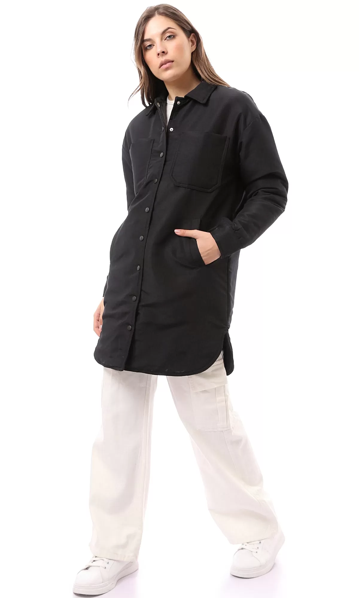 O171919 Long Sleeves Black Long Jacket With Snap Buttons