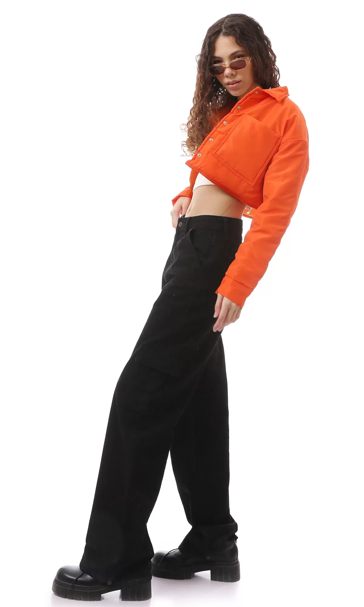 O171932 Orange Cropped Fit Buttoned Jacket