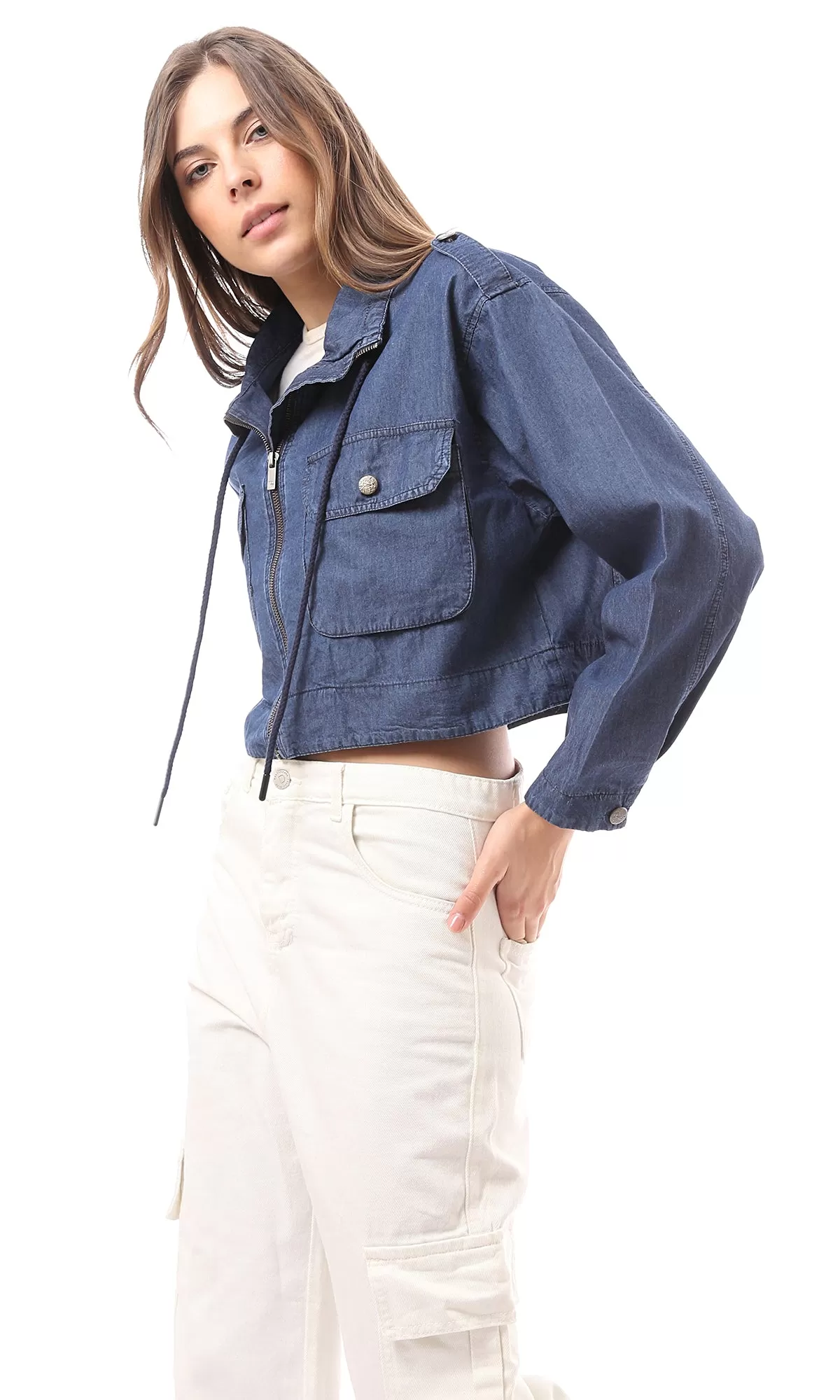 O172034 Front Zipper Long Sleeves Medium Blue Denim Jacket