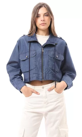 O172034 Front Zipper Long Sleeves Medium Blue Denim Jacket