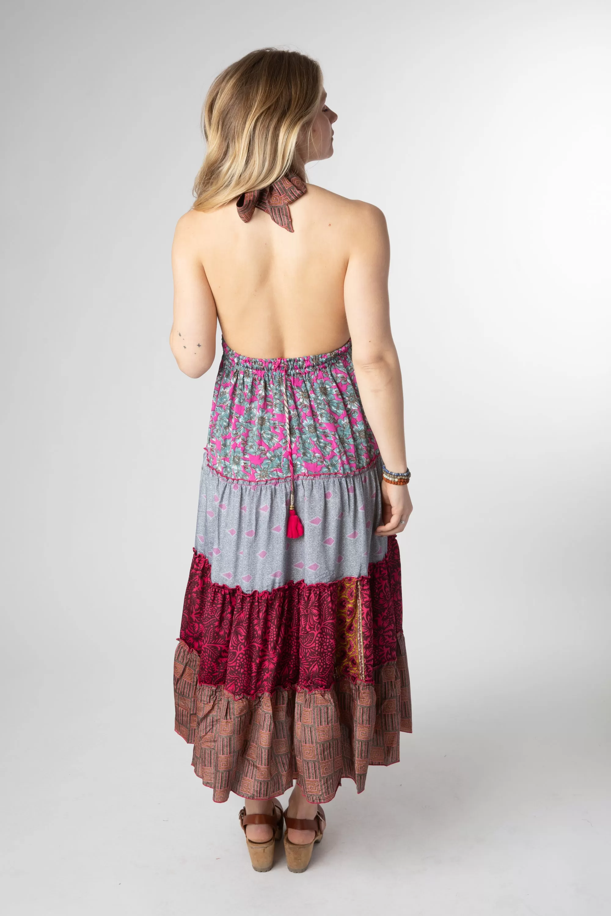 Patchwork Sari Silk Halter Dress