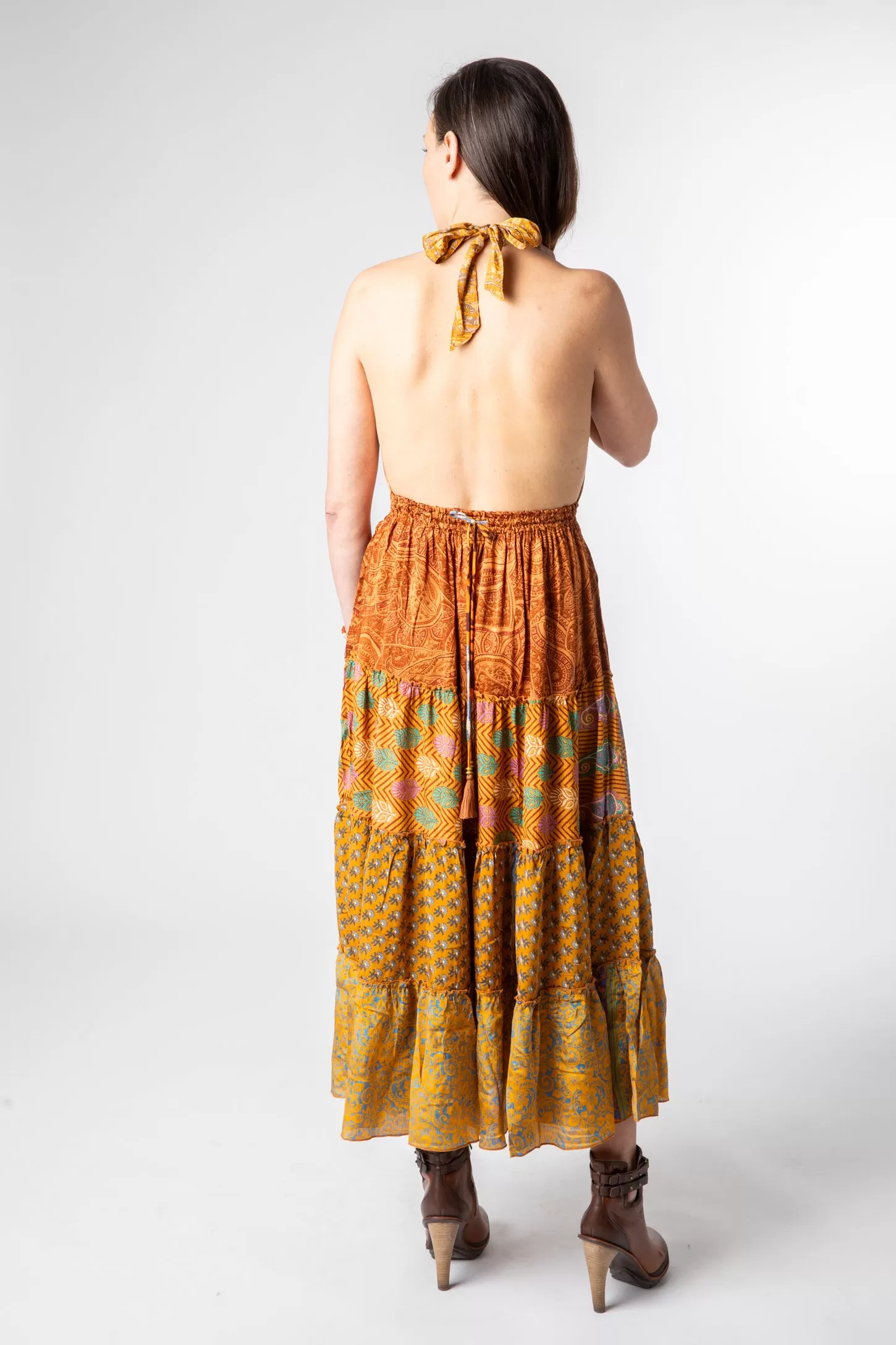 Patchwork Sari Silk Halter Dress