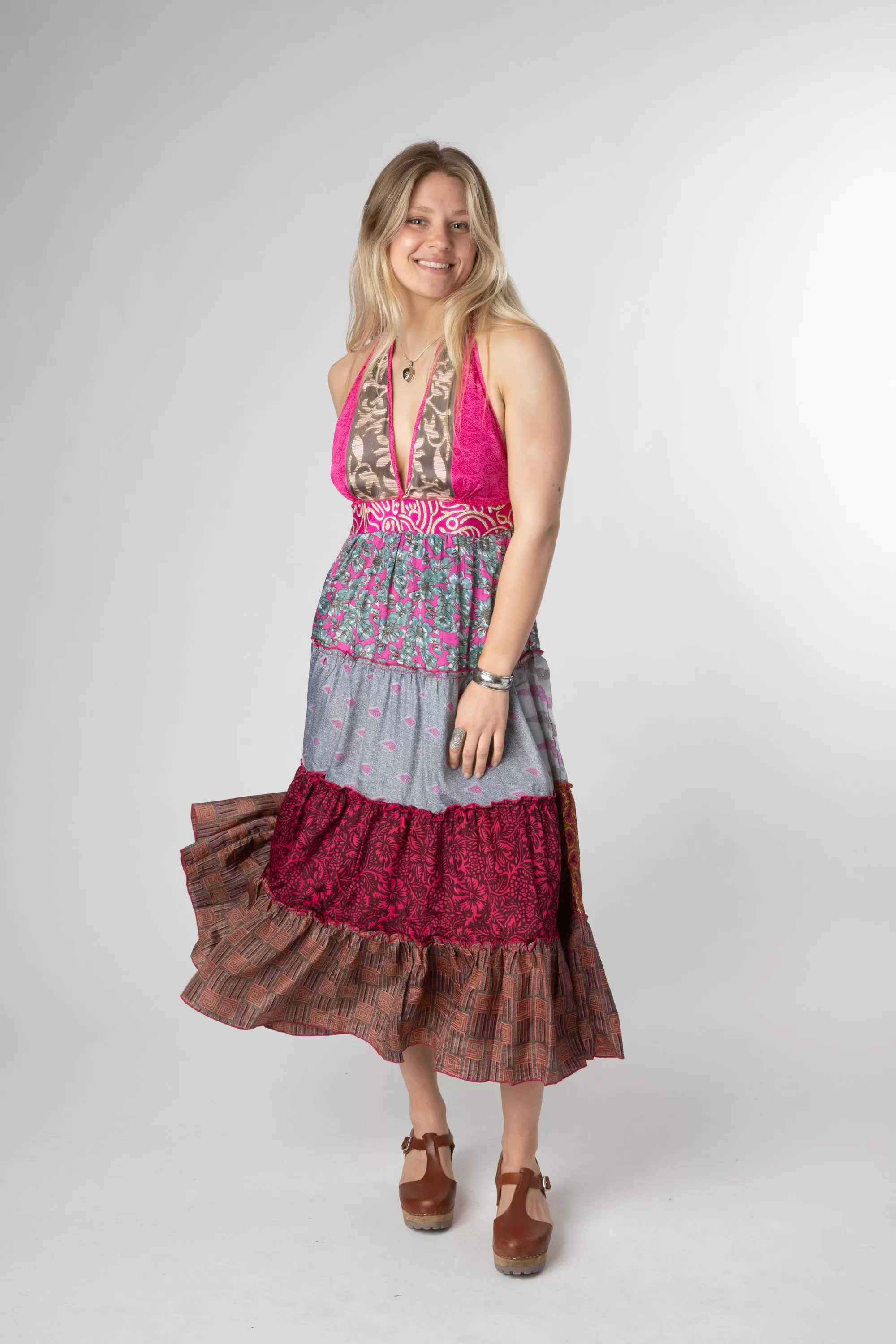 Patchwork Sari Silk Halter Dress