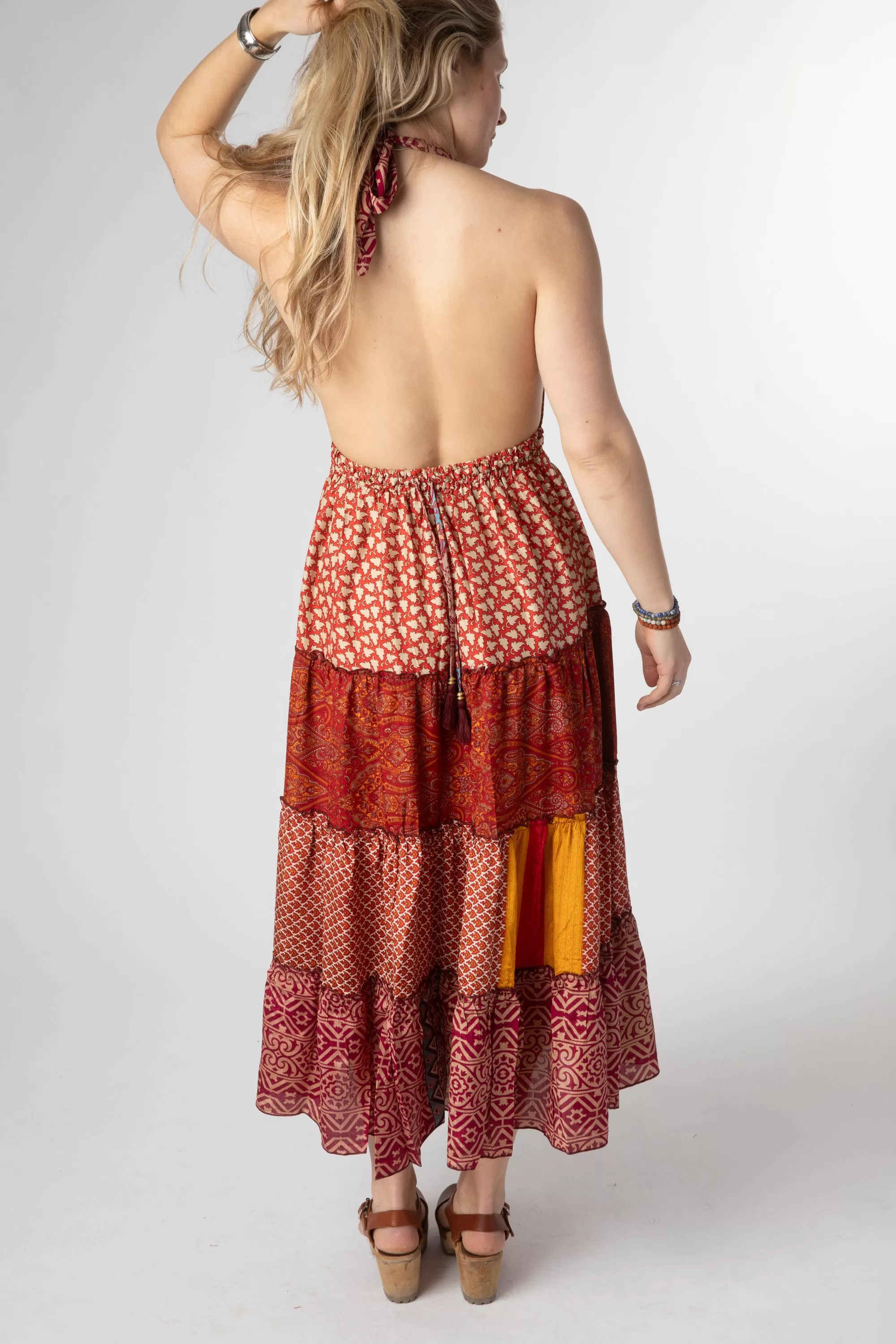 Patchwork Sari Silk Halter Dress