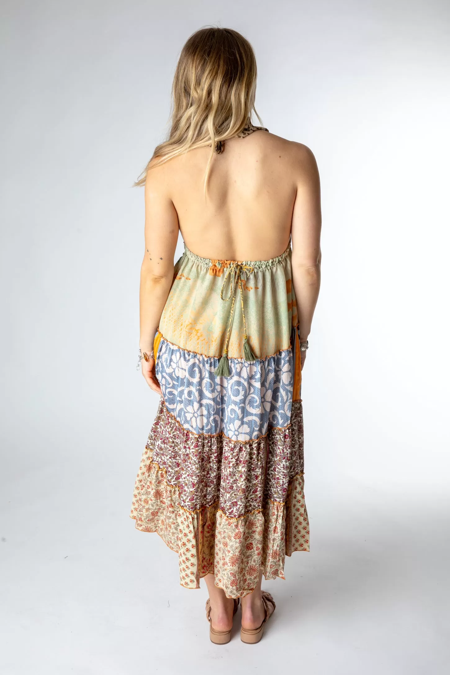 Patchwork Sari Silk Halter Dress