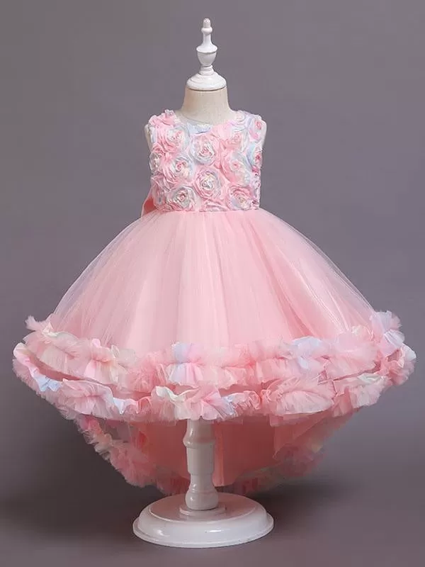 Pink 3D Floral Flower Girl Dresses Tulle Sleeveless A-Line Bows Formal Kids Pageant Dresses With Train