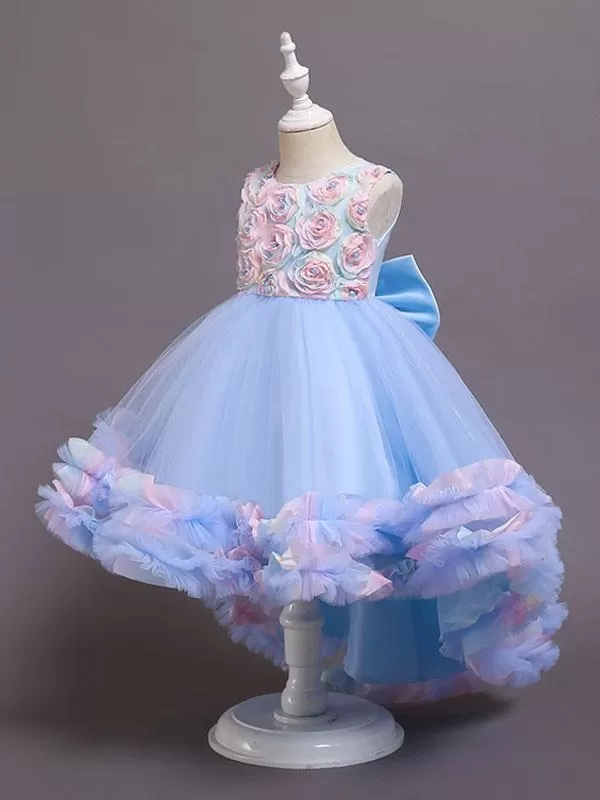 Pink 3D Floral Flower Girl Dresses Tulle Sleeveless A-Line Bows Formal Kids Pageant Dresses With Train