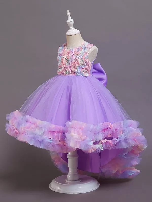 Pink 3D Floral Flower Girl Dresses Tulle Sleeveless A-Line Bows Formal Kids Pageant Dresses With Train