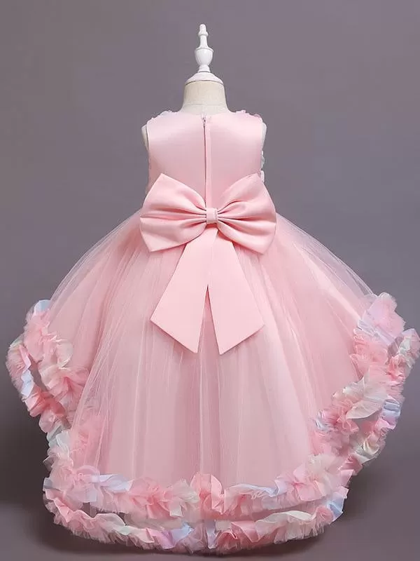 Pink 3D Floral Flower Girl Dresses Tulle Sleeveless A-Line Bows Formal Kids Pageant Dresses With Train