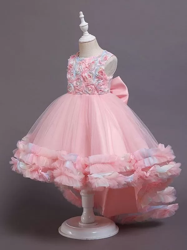 Pink 3D Floral Flower Girl Dresses Tulle Sleeveless A-Line Bows Formal Kids Pageant Dresses With Train