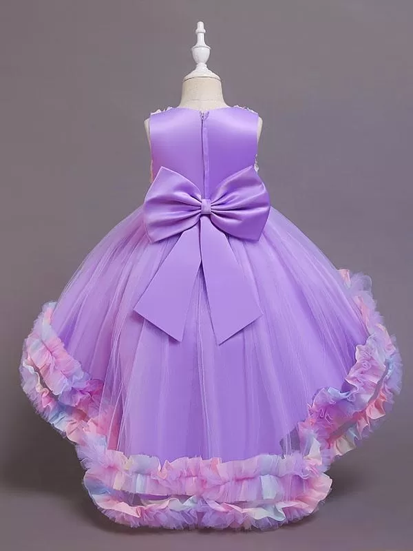 Pink 3D Floral Flower Girl Dresses Tulle Sleeveless A-Line Bows Formal Kids Pageant Dresses With Train