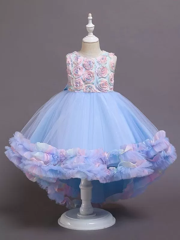 Pink 3D Floral Flower Girl Dresses Tulle Sleeveless A-Line Bows Formal Kids Pageant Dresses With Train