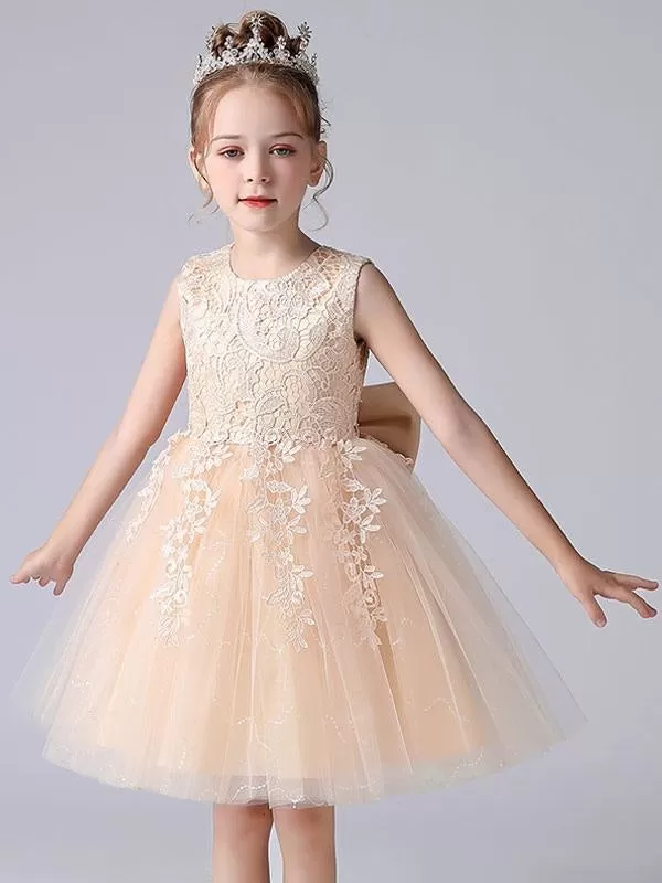 Pink  Princess Dress Jewel Neck Floral Lace Short Formal Kids Pageant Dresses