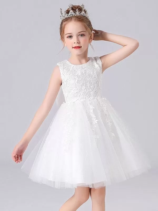 Pink  Princess Dress Jewel Neck Floral Lace Short Formal Kids Pageant Dresses