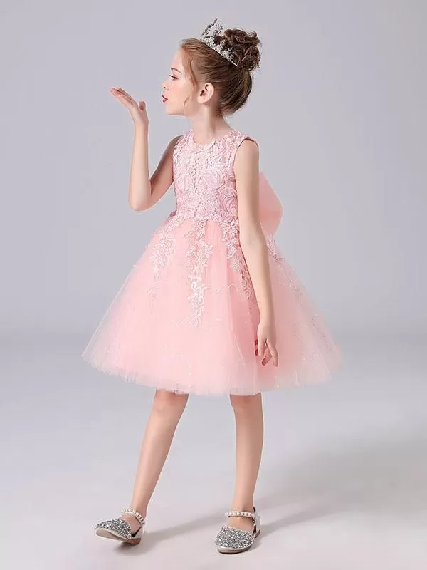 Pink  Princess Dress Jewel Neck Floral Lace Short Formal Kids Pageant Dresses