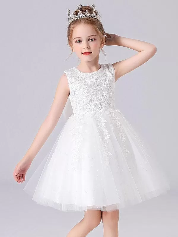 Pink  Princess Dress Jewel Neck Floral Lace Short Formal Kids Pageant Dresses