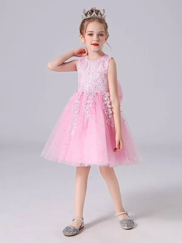 Pink  Princess Dress Jewel Neck Floral Lace Short Formal Kids Pageant Dresses