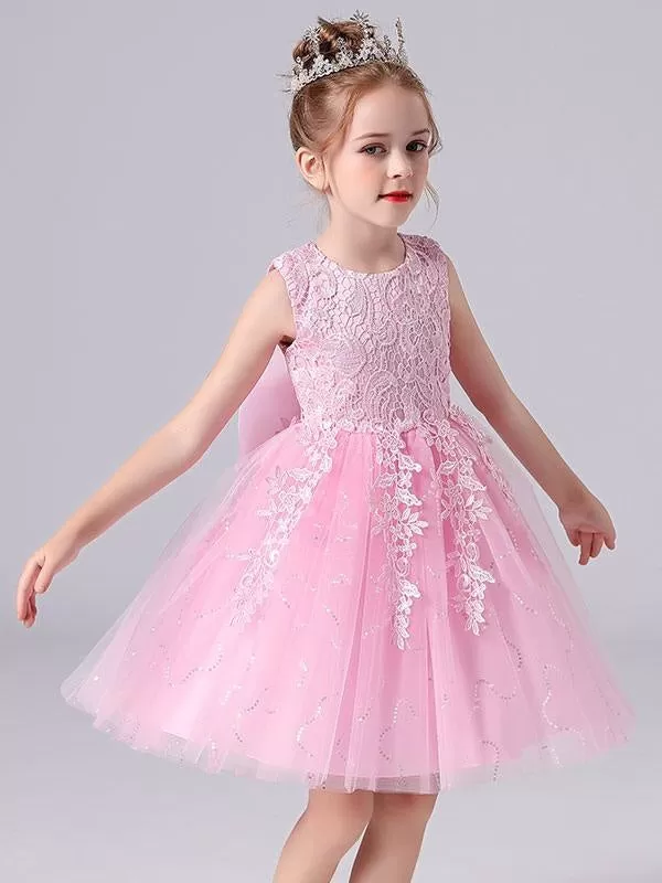 Pink  Princess Dress Jewel Neck Floral Lace Short Formal Kids Pageant Dresses