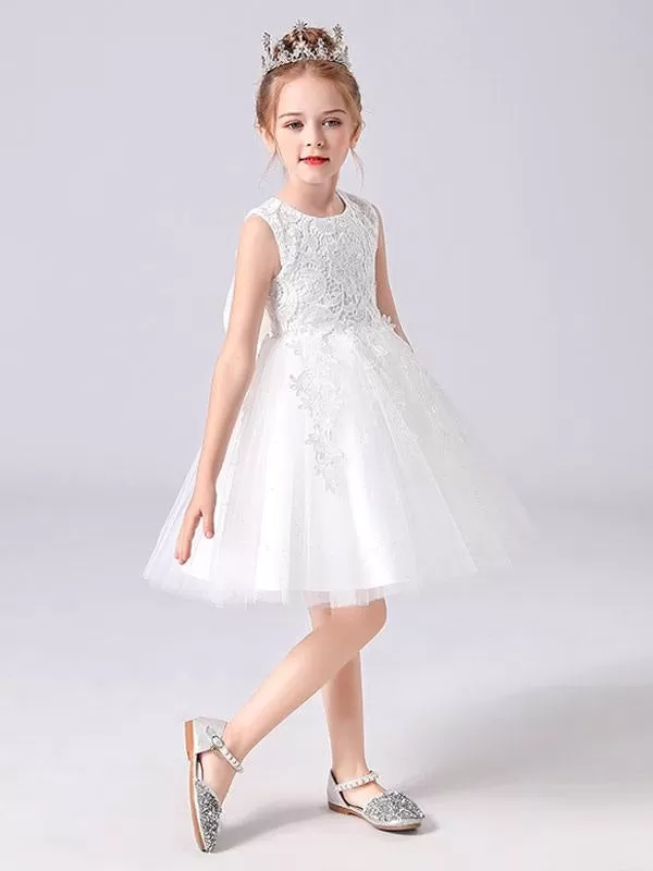 Pink  Princess Dress Jewel Neck Floral Lace Short Formal Kids Pageant Dresses