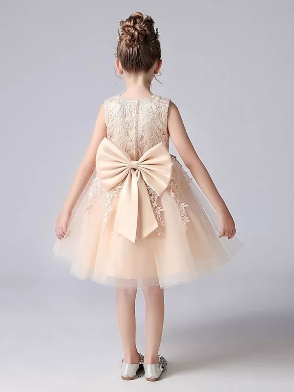 Pink  Princess Dress Jewel Neck Floral Lace Short Formal Kids Pageant Dresses