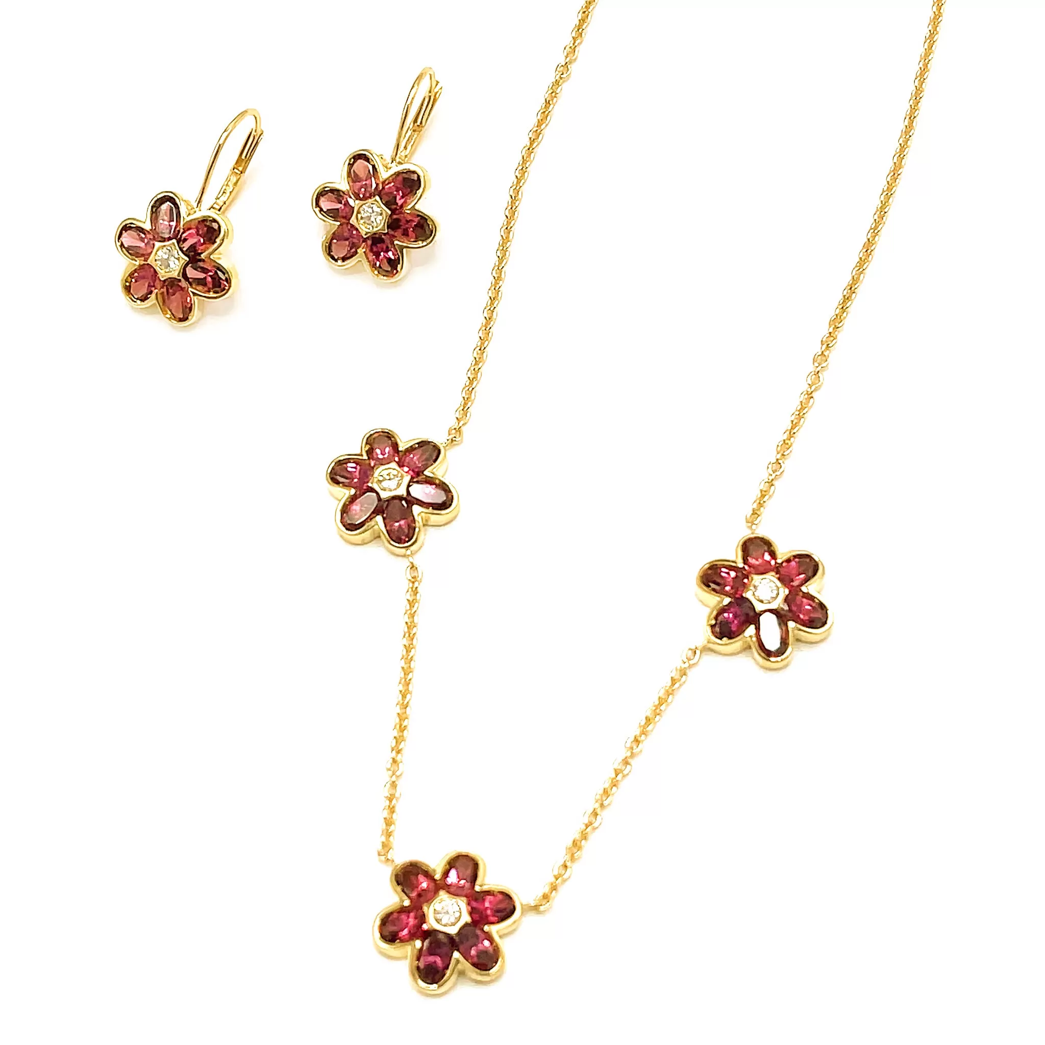 Pink Tourmaline and Diamond Flowers - Necklace with Earrings