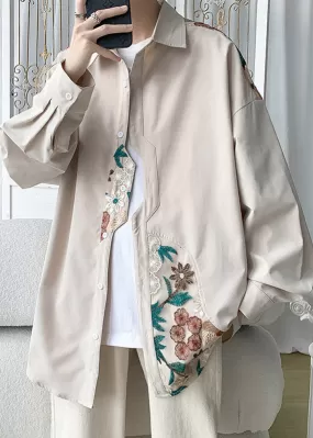 Plus Size Beige Embroidered Button Cotton Neutral Coats Spring QA1034