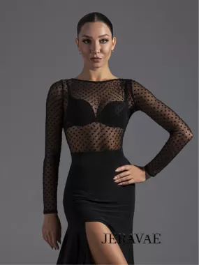 Polka Dot See-Through Mesh Latin or Ballroom Practice Top with Long Sleeves (Tuck Out Style with No Bodysuit) PRA 601