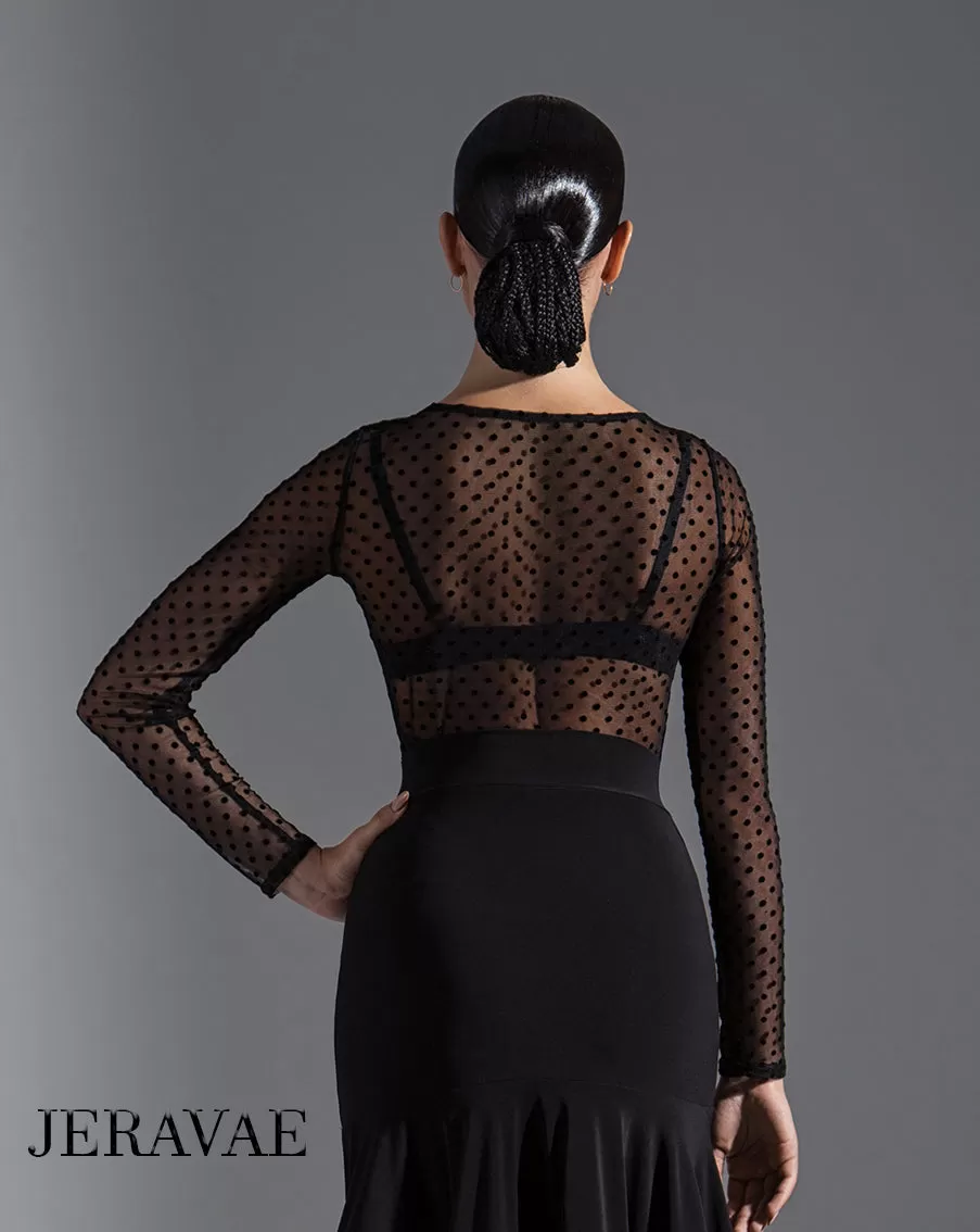 Polka Dot See-Through Mesh Latin or Ballroom Practice Top with Long Sleeves (Tuck Out Style with No Bodysuit) PRA 601