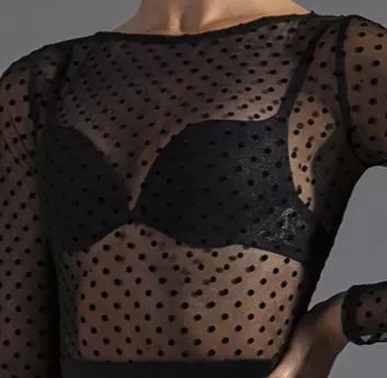 Polka Dot See-Through Mesh Latin or Ballroom Practice Top with Long Sleeves (Tuck Out Style with No Bodysuit) PRA 601