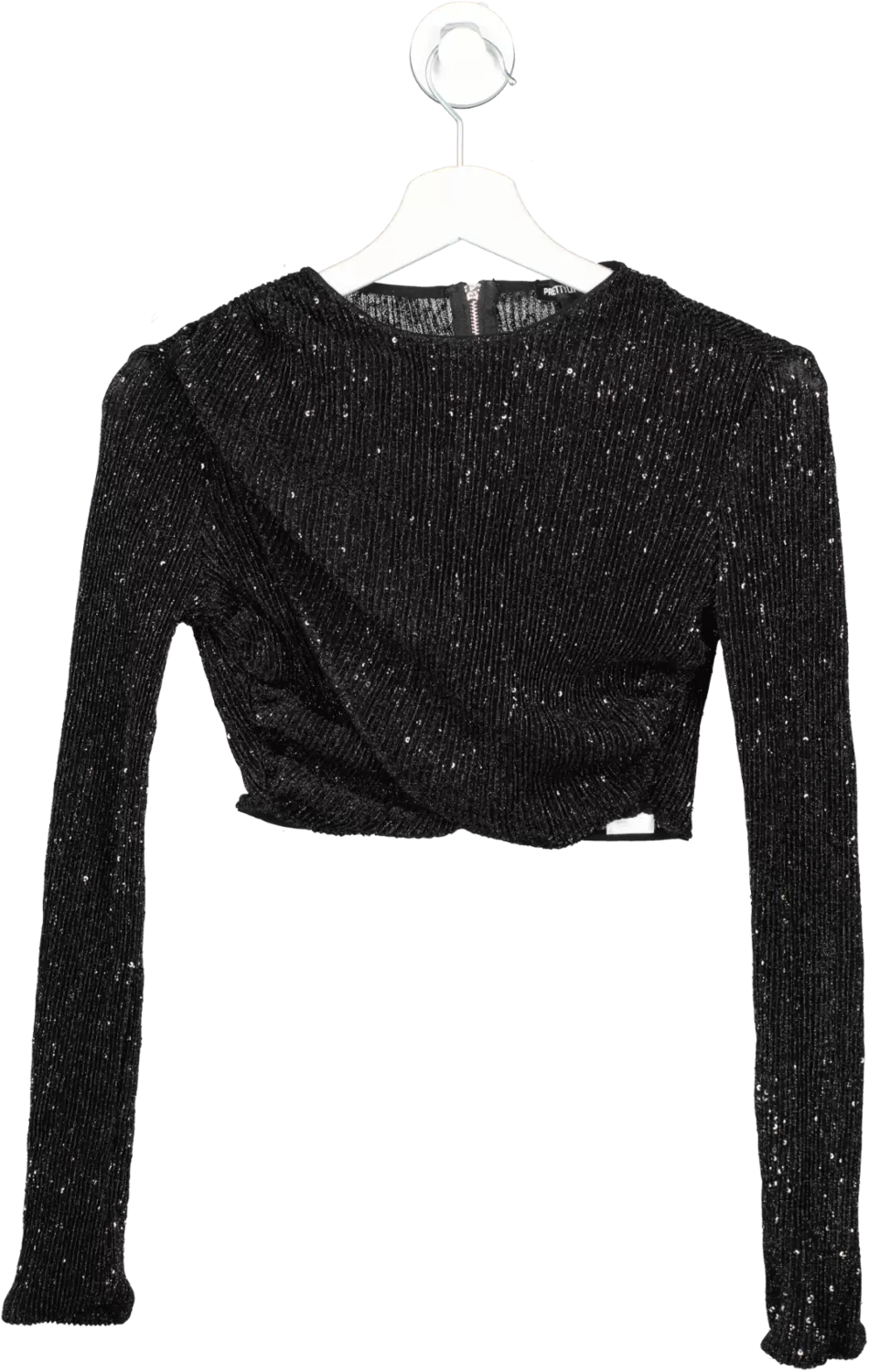 PrettyLittleThing Black Sequin Cross Over Crop Top UK 8