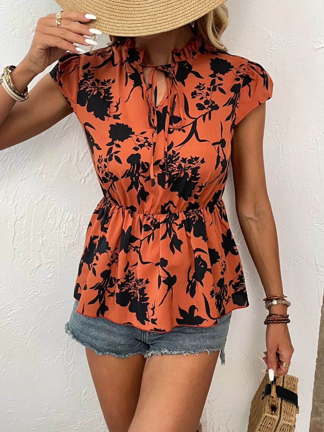 Printed Tie Neck Cap Sleeve Blouse