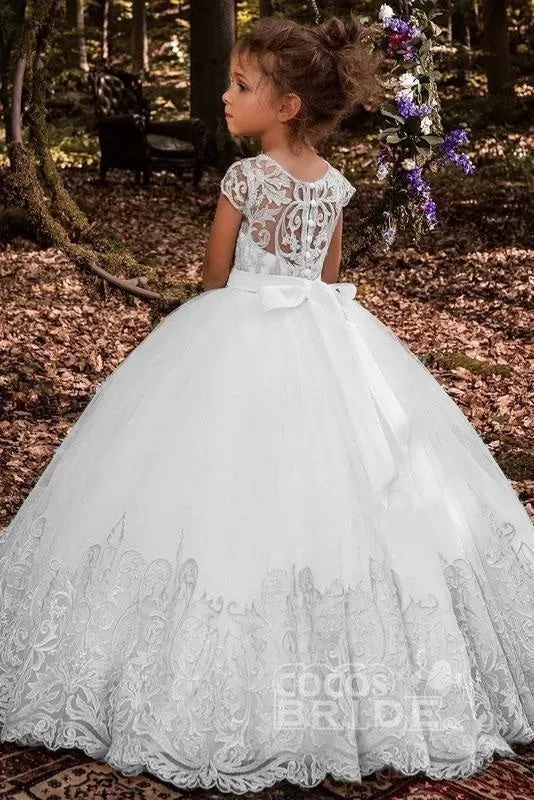 Scoop Neck Short Sleeves Ball Gown Flower Girls Dress