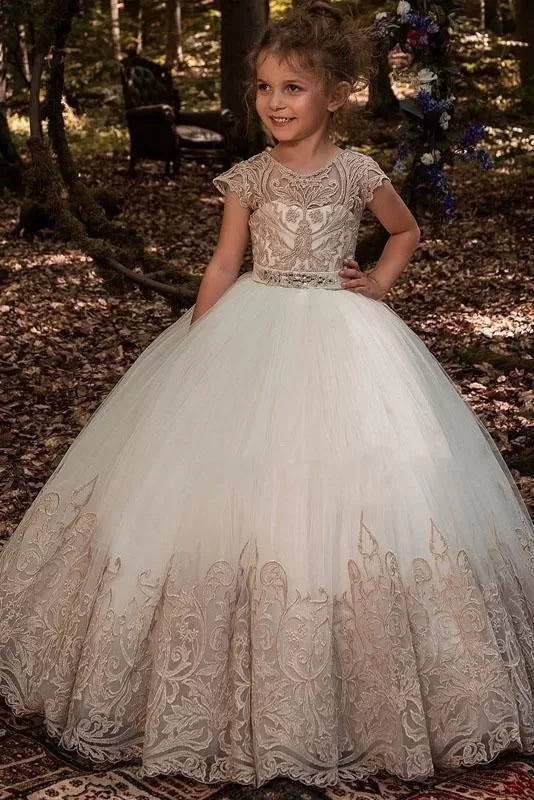 Scoop Neck Short Sleeves Ball Gown Flower Girls Dress