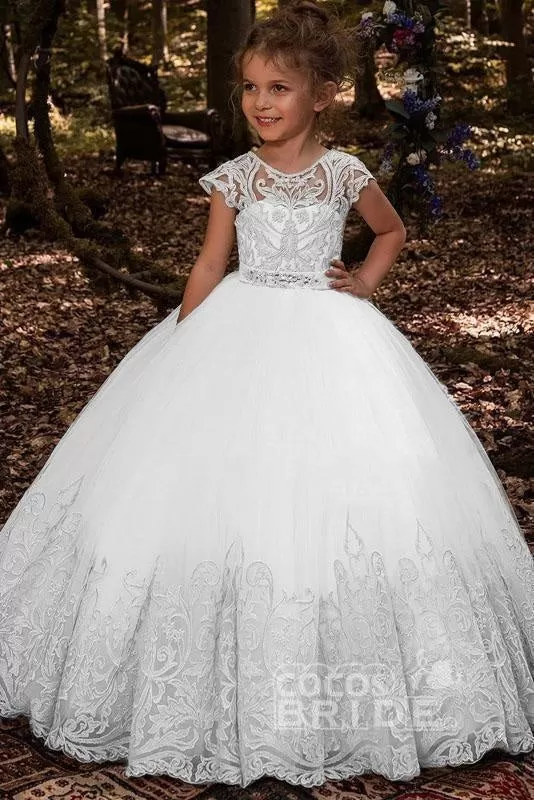 Scoop Neck Short Sleeves Ball Gown Flower Girls Dress