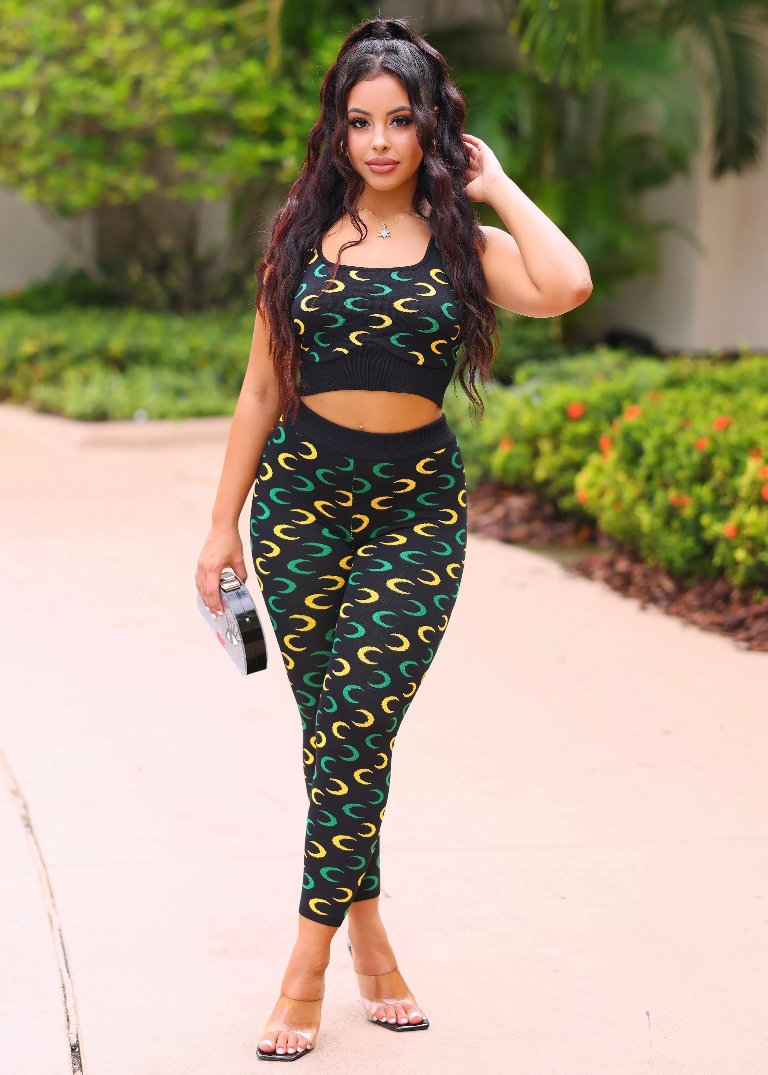 Selina Two Piece top and legging set with crescent patterns