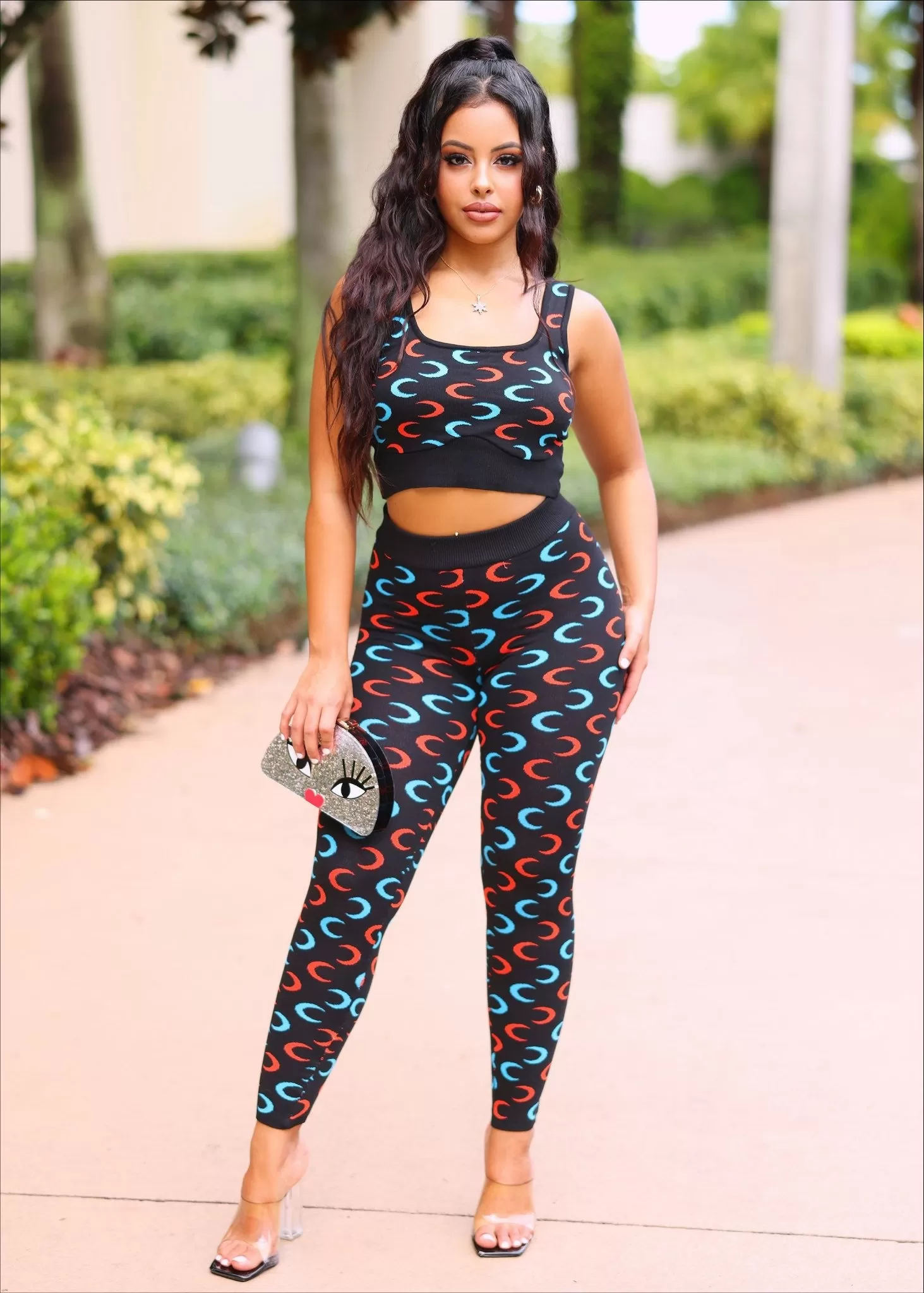 Selina Two Piece top and legging set with crescent patterns