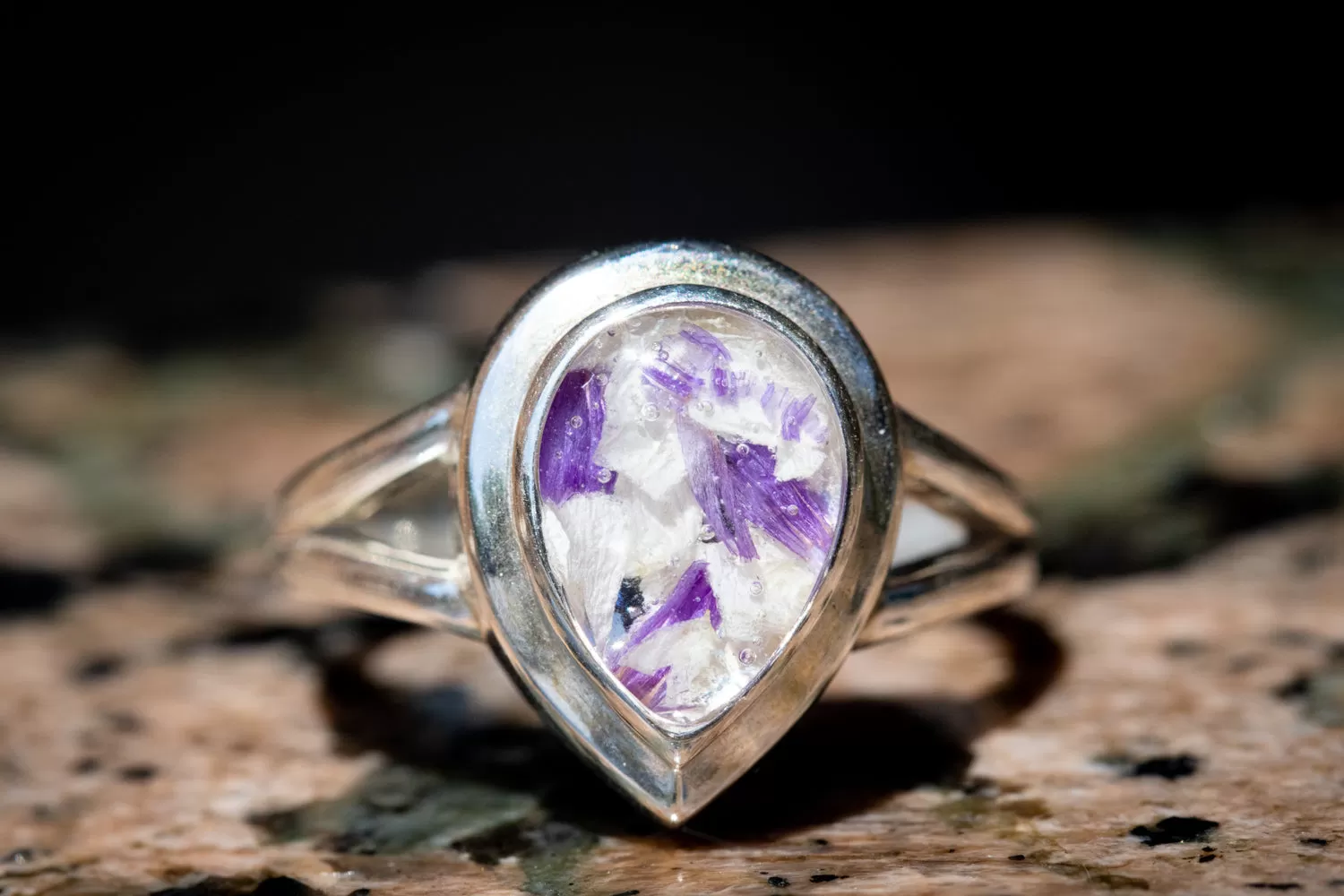 Sparkly Silver Pear Ring with Flowers