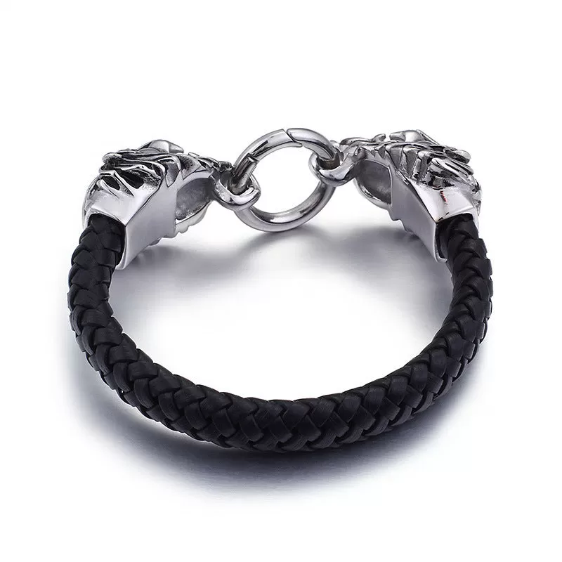 Stainless Steel Braided Black Leather Double Lions Bracelet