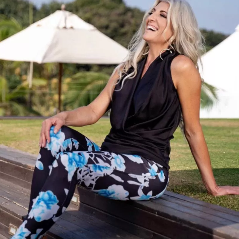 Stretch Pants - Black with Blue and White Floral