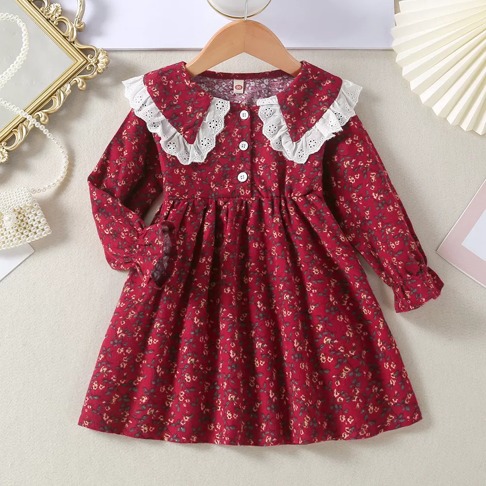 Toddler Kids Girls Doll Neck Floral Print Long Sleeve Dress