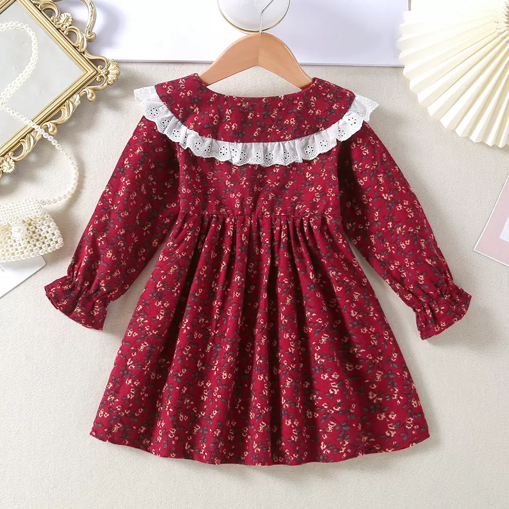 Toddler Kids Girls Doll Neck Floral Print Long Sleeve Dress